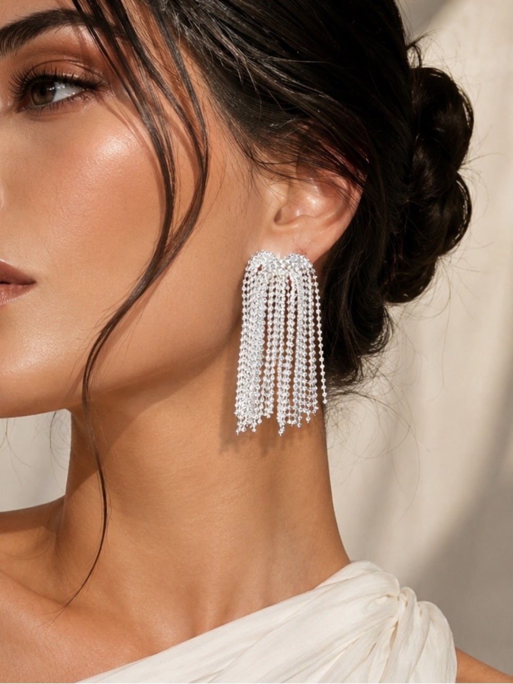 Silver Tassel Fringe Evening Earrings